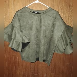 Suede Cropped Ruffled Sleeve Top